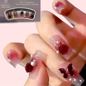 Rose Butterfly cover with White Pearl Press on nail nude color